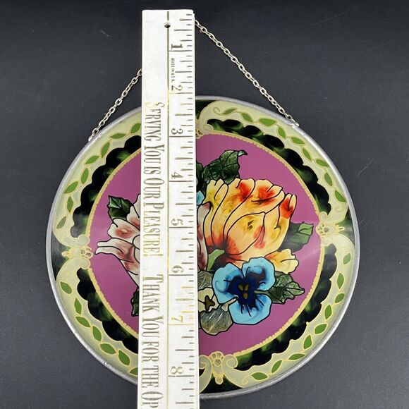 Joan Baker Designs Art Glass Suncatcher Bright Flowers Hand Painted Bird Garden - Picture 7 of 11